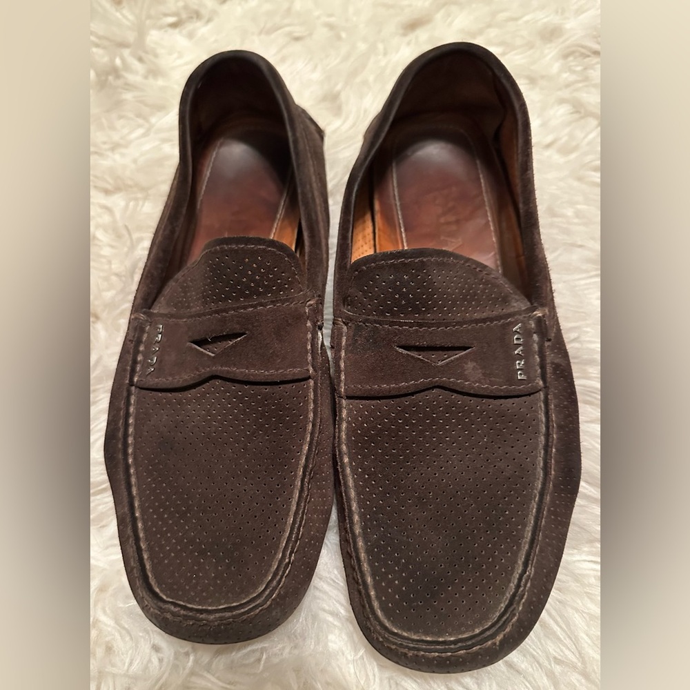 Men’s, Prada, dark brown suede loafers.  Gently worn.  Size 7 1/2.